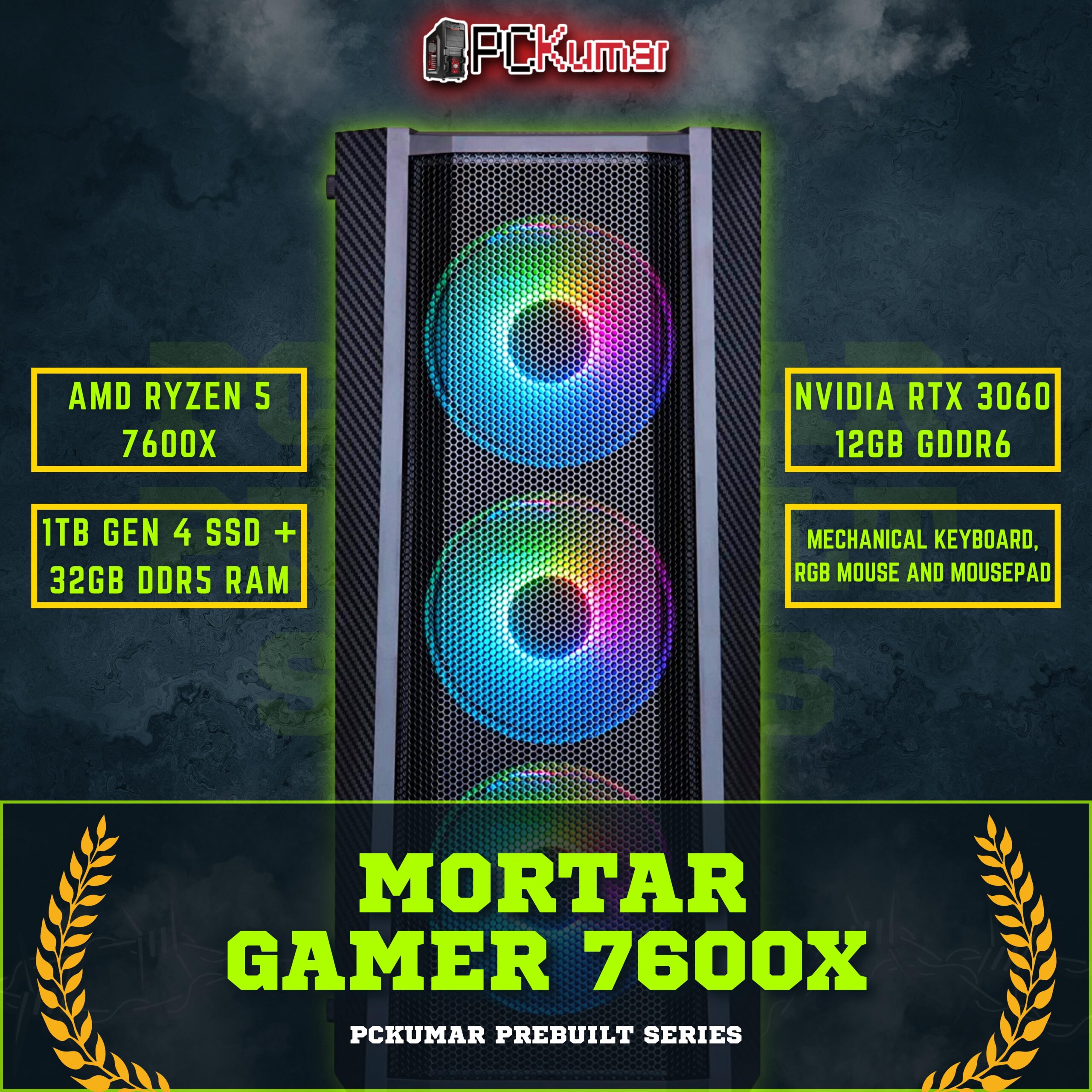 Mortar Gamer with AMD Ryzen 5 7600X + RTX 3060 12GB /RX  7600 8GB