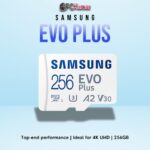 SAMSUNG EVO+ 256GB MicroSD card with Class 10 performance and durable construction.