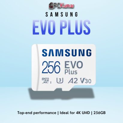 SAMSUNG EVO+ 256GB MicroSD card with Class 10 performance and durable construction.