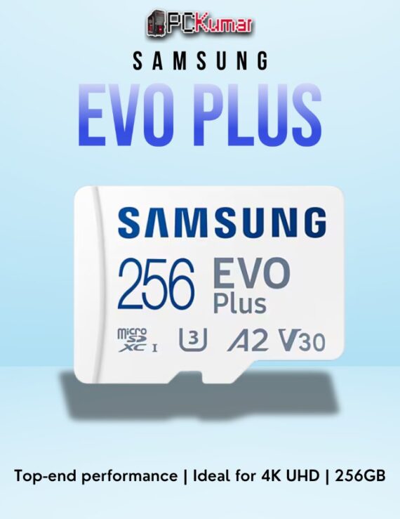 SAMSUNG EVO+ 256GB MicroSD card with Class 10 performance and durable construction.