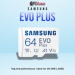 SAMSUNG EVO+ 64GB MicroSD card with durable design and reliable Class 10 performance.