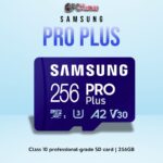 SAMSUNG PRO+ Class10 256GB SD card offering high-speed performance and durable construction.