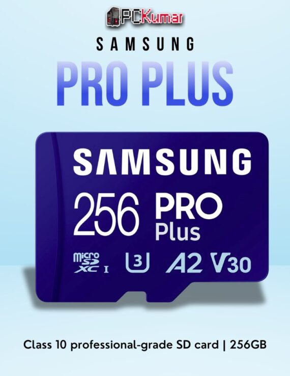 SAMSUNG PRO+ Class10 256GB SD card offering high-speed performance and durable construction.