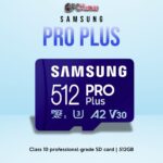 SAMSUNG PRO+ Class10 512GB SD card with UHS-I speeds and robust durability for professional use.