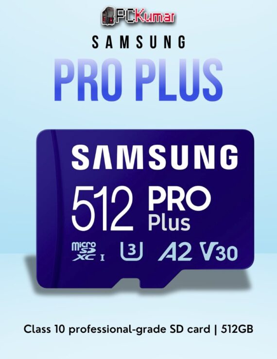 SAMSUNG PRO+ Class10 512GB SD card with UHS-I speeds and robust durability for professional use.