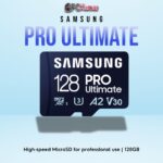 SAMSUNG PRO Ultimate MicroSD 128GB with UHS-I technology, offering high performance and robust durability.