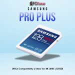 SAMSUNG PRO+ SD Card 128GB offering high-speed UHS-I performance and durable construction.