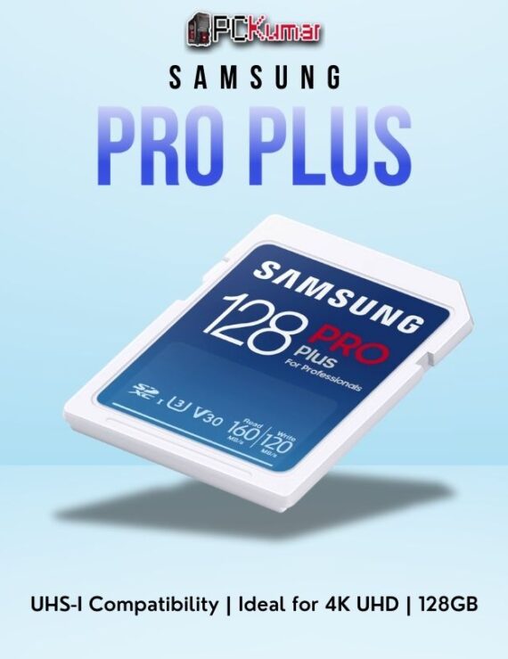 SAMSUNG PRO+ SD Card 128GB offering high-speed UHS-I performance and durable construction.