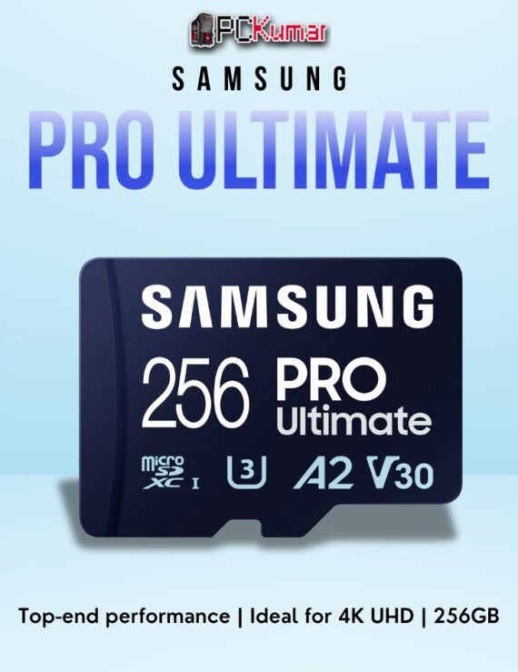 SAMSUNG PRO Ultimate SD Card 256GB featuring UHS-I speeds and durable design for creative professionals.