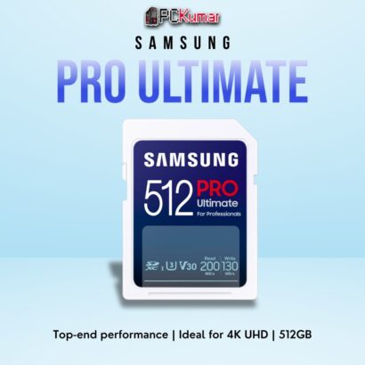 SAMSUNG PRO Ultimate SD Card 512GB with UHS-I speeds, designed for professional video and photography.