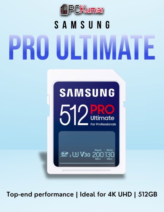 SAMSUNG PRO Ultimate SD Card 512GB with UHS-I speeds, designed for professional video and photography.