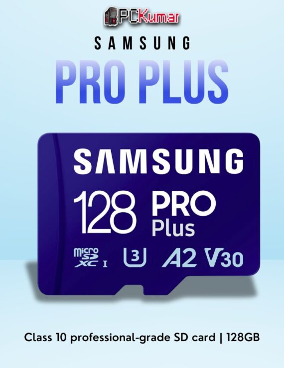 SAMSUNG PRO+ Class10 128GB SD card featuring UHS-I speeds and robust durability for daily use.
