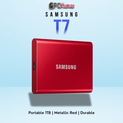 SAMSUNG T7 Portable SSD 1TB in red, featuring high-speed USB 3.2 Gen 2 performance and durable aluminum casing.