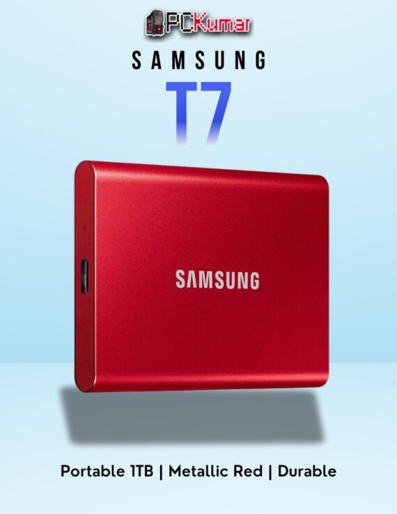 SAMSUNG T7 Portable SSD 1TB in red, featuring high-speed USB 3.2 Gen 2 performance and durable aluminum casing.