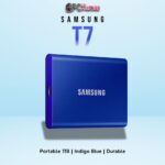 SAMSUNG T7 Portable SSD 1TB in blue, delivering high-speed USB 3.2 Gen 2 performance and a sleek design.