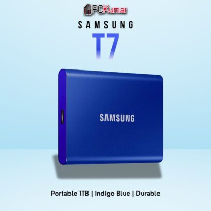 SAMSUNG T7 Portable SSD 1TB in blue, delivering high-speed USB 3.2 Gen 2 performance and a sleek design.
