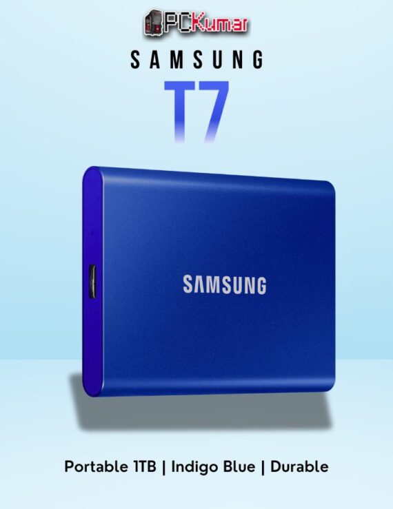 SAMSUNG T7 Portable SSD 1TB in blue, delivering high-speed USB 3.2 Gen 2 performance and a sleek design.