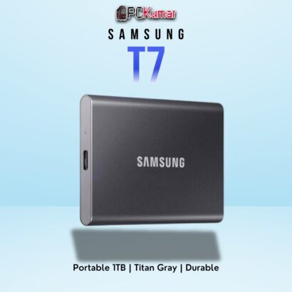 SAMSUNG T7 Portable SSD 1TB in gray, featuring fast USB 3.2 Gen 2 speeds and durable design.