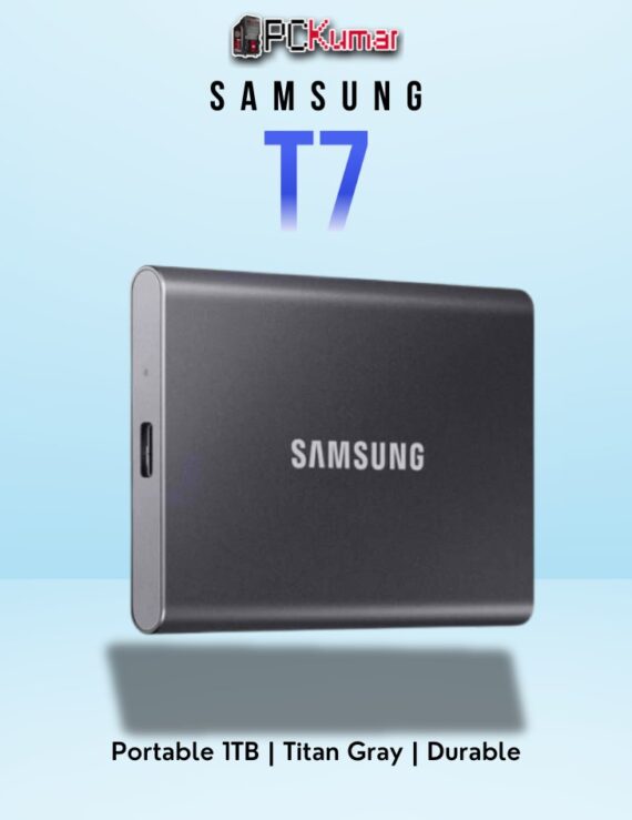 SAMSUNG T7 Portable SSD 1TB in gray, featuring fast USB 3.2 Gen 2 speeds and durable design.