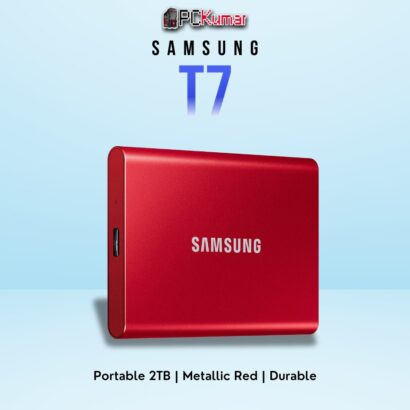 SAMSUNG T7 Portable SSD 2TB in red with fast USB 3.2 speeds and stylish design.