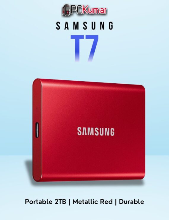 SAMSUNG T7 Portable SSD 2TB in red with fast USB 3.2 speeds and stylish design.