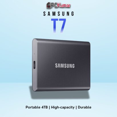 SAMSUNG T7 Portable SSD 4TB in gray with high-speed USB 3.2 Gen 2 performance and portable design.