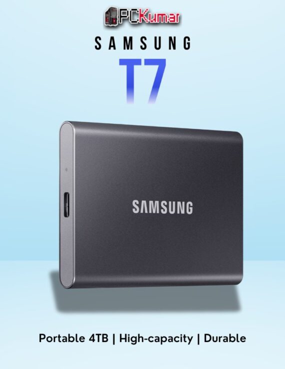 SAMSUNG T7 Portable SSD 4TB in gray with high-speed USB 3.2 Gen 2 performance and portable design.