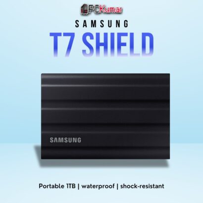 SAMSUNG T7 Shield SSD 1TB in black, rugged and reliable with high-speed USB 3.2 performance.