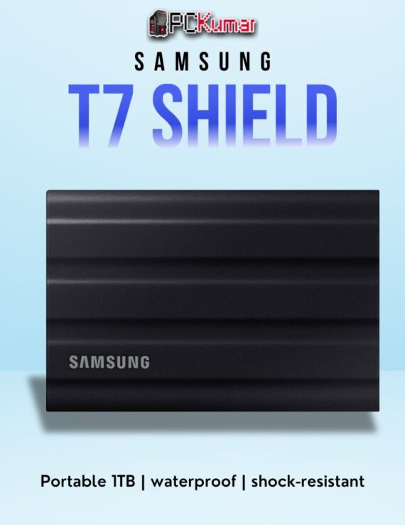 SAMSUNG T7 Shield SSD 1TB in black, rugged and reliable with high-speed USB 3.2 performance.