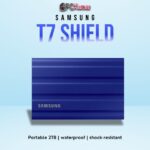 SAMSUNG T7 Shield SSD 2TB in blue, featuring rugged durability and USB 3.2 high-speed performance.