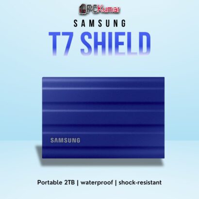 SAMSUNG T7 Shield SSD 2TB in blue, featuring rugged durability and USB 3.2 high-speed performance.