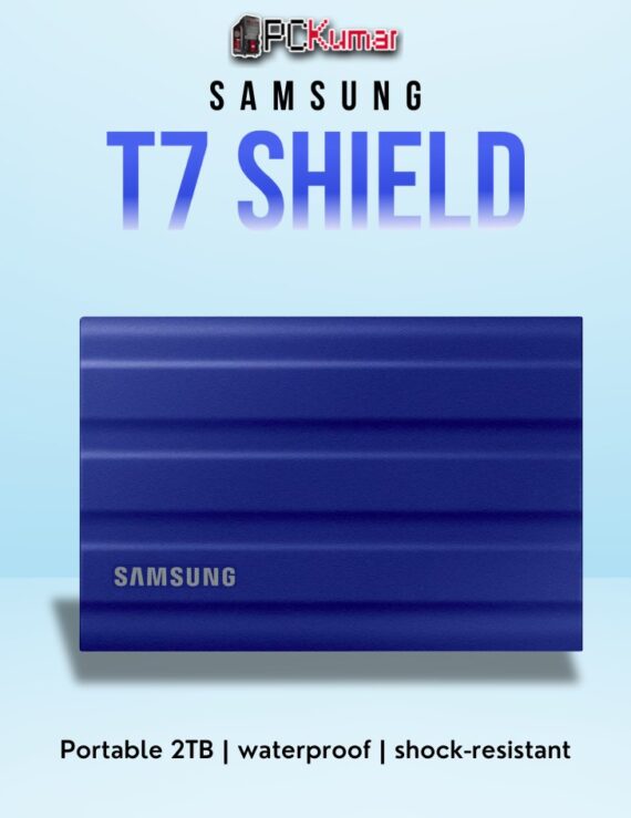 SAMSUNG T7 Shield SSD 2TB in blue, featuring rugged durability and USB 3.2 high-speed performance.