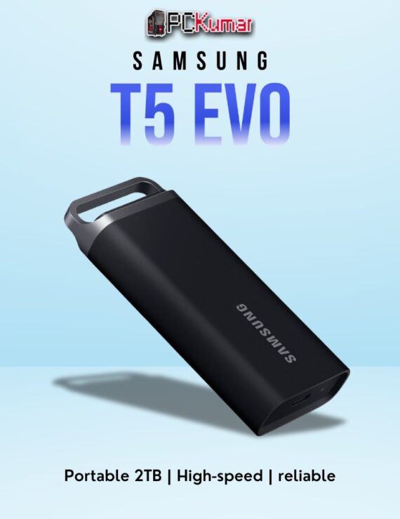 SAMSUNG T5 EVO SSD 2TB with fast USB 3.1 speeds and a sleek, portable design.