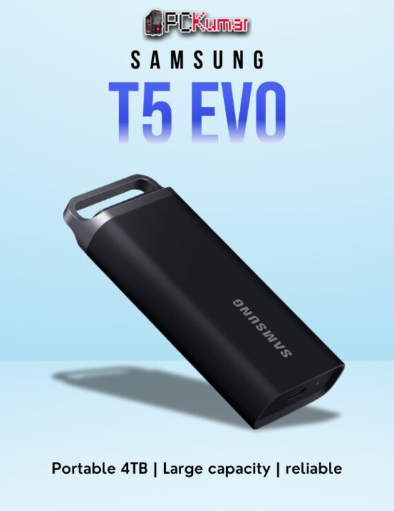 SAMSUNG T5 EVO SSD 4TB with USB 3.1 Gen 2 interface, compact design, and large capacity for professional use.