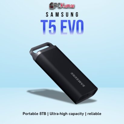 SAMSUNG T5 EVO SSD 8TB with USB 3.1 interface, compact design, and massive storage capacity.