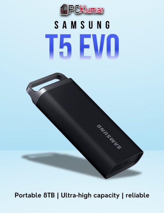 SAMSUNG T5 EVO SSD 8TB with USB 3.1 interface, compact design, and massive storage capacity.