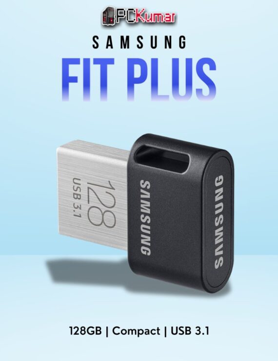 Alt Text: SAMSUNG FIT Plus Flash Drive 128GB with a sleek and compact design, built for high-speed USB 3.1 transfers.