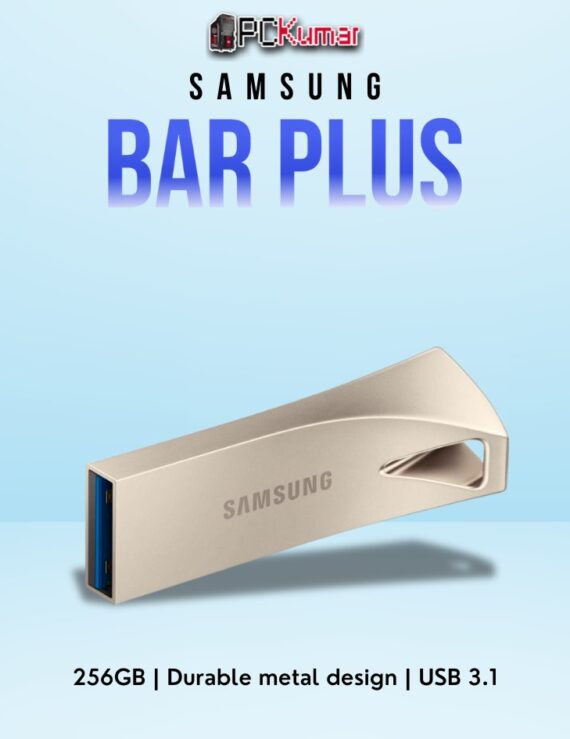 SAMSUNG BAR Plus Flash Drive 256GB with a metallic finish, featuring USB 3.1 technology for high-speed data transfers.