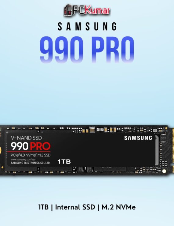 SAMSUNG 990 PRO SSD 1TB with PCIe 4.0 speeds, optimized for gaming and professional workloads.