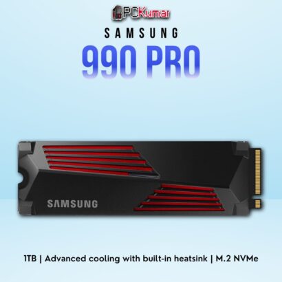 SAMSUNG 990 PRO SSD 1TB with heatsink, PCIe 4.0 interface, and ultra-fast performance for gaming and work.
