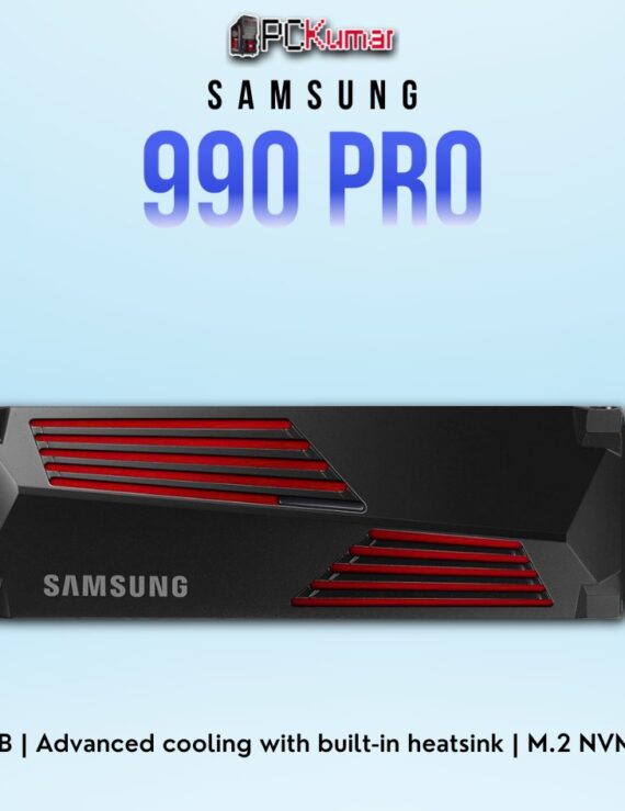 SAMSUNG 990 PRO SSD 1TB with heatsink, PCIe 4.0 interface, and ultra-fast performance for gaming and work.