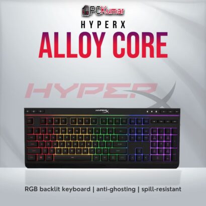 HyperX Alloy Core RGB gaming keyboard with spill resistance and RGB lighting.