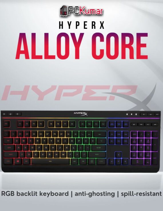 HyperX Alloy Core RGB gaming keyboard with spill resistance and RGB lighting.
