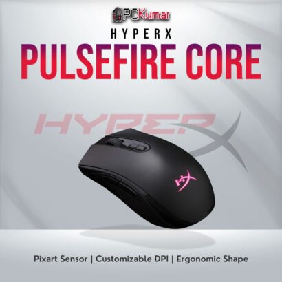 HyperX Pulsefire Core gaming mouse with Pixart 3327 sensor and symmetrical design.