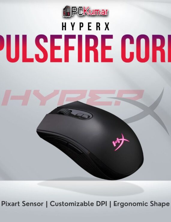 HyperX Pulsefire Core gaming mouse with Pixart 3327 sensor and symmetrical design.