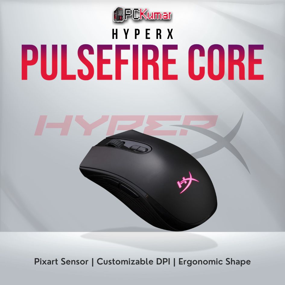 HyperX Pulsefire Core gaming mouse with Pixart 3327 sensor and symmetrical design.
