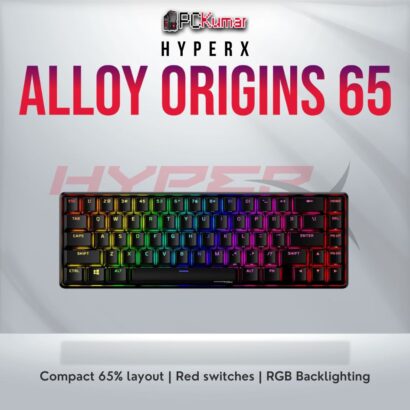 HyperX Alloy Origins 65% keyboard with Red switches and RGB lighting.
