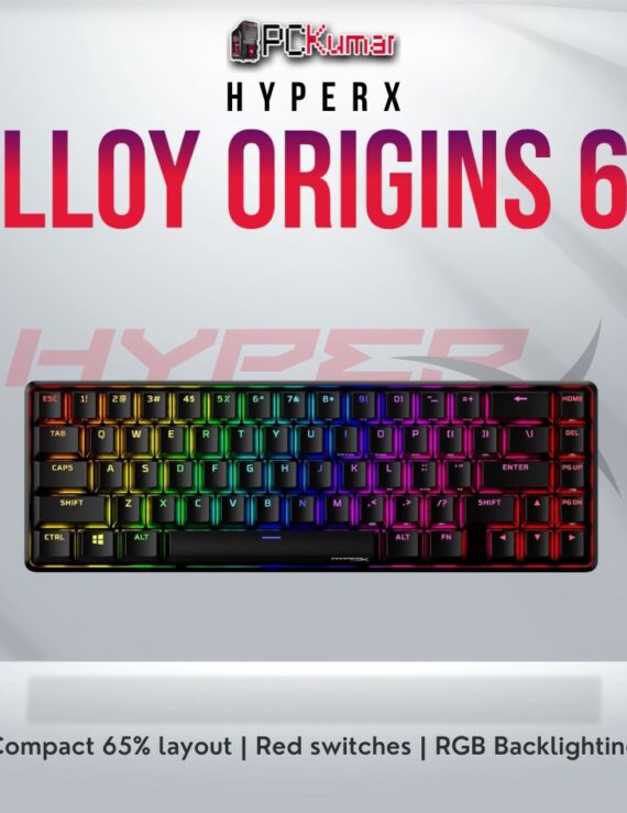 HyperX Alloy Origins 65% keyboard with Red switches and RGB lighting.