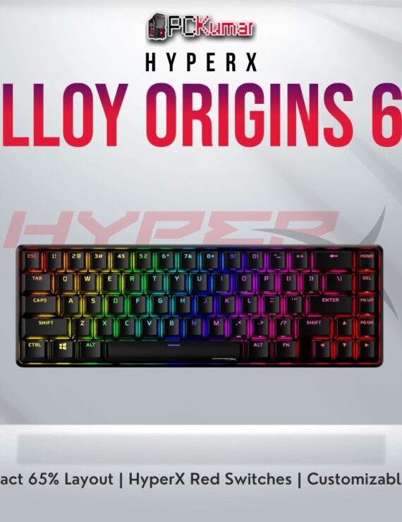 HyperX Alloy Origins 65 keyboard with Red switches and compact design.