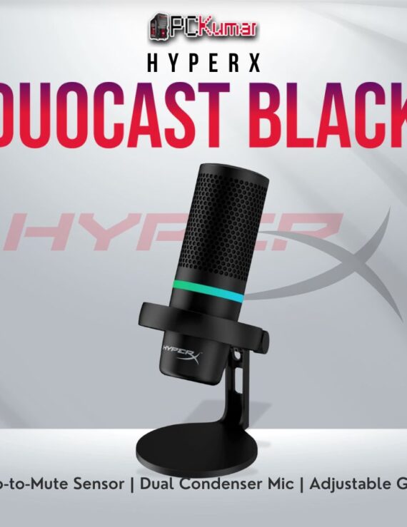 HyperX DuoCast Black condenser microphone with tap-to-mute and USB-C connectivity.